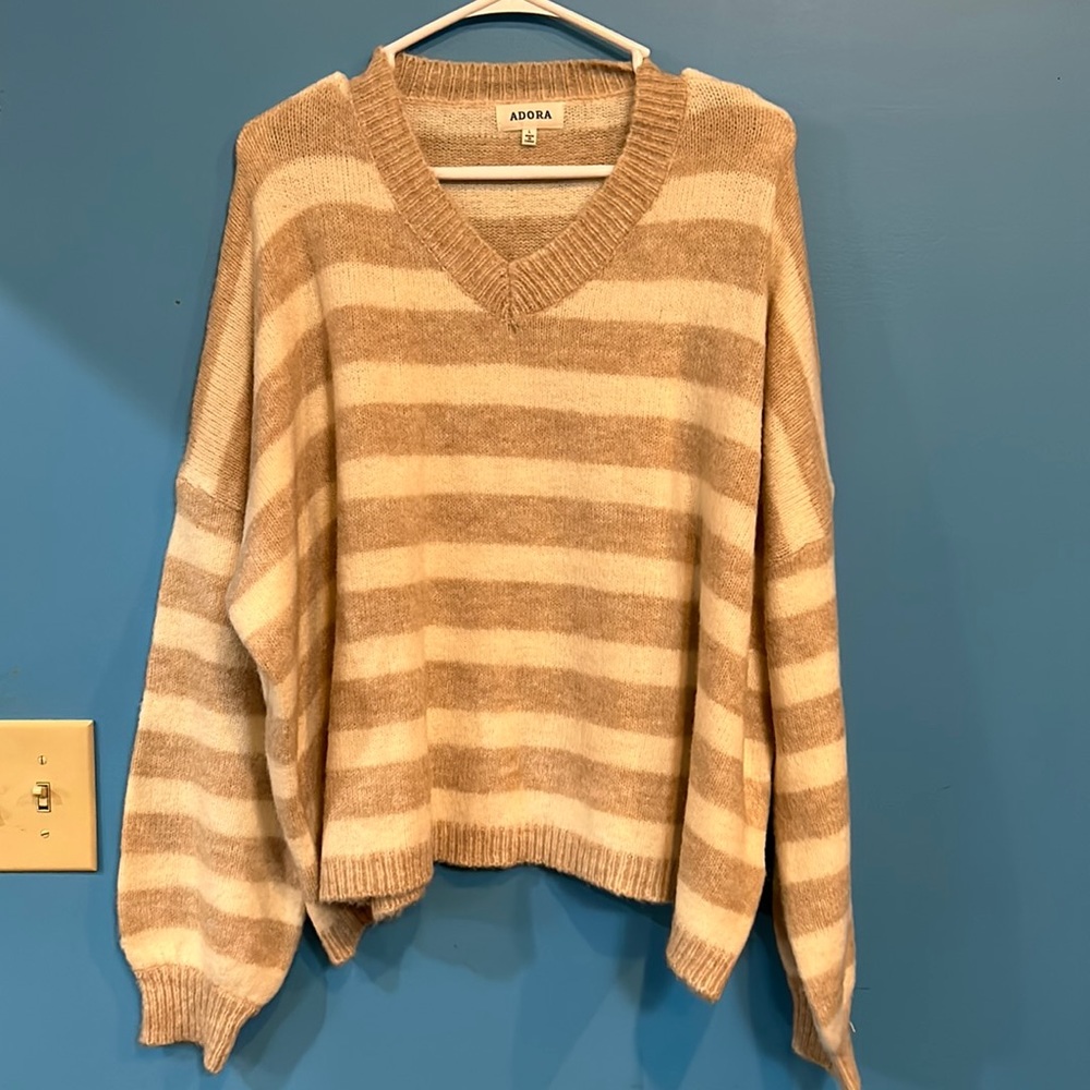 Adora Khaki and white stripe sweater size Large